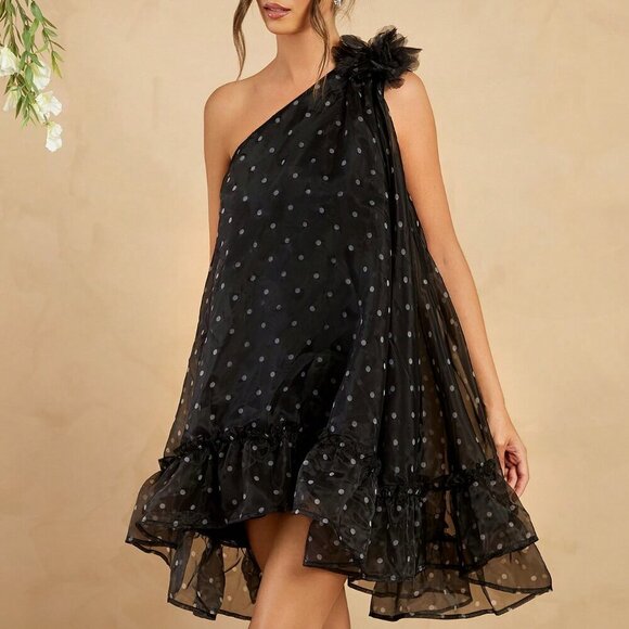 Black Elegant Women's Polka Dot Off Shoulder Dress With Detachable Flower - Picture 4 of 7